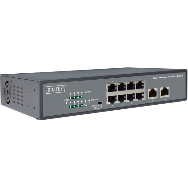 Digitus 8 Port Fast Ethernet PoE Switch 19 Inch Unmanaged 2 Uplinks Interruptor/Conmutador negro 19 Inch Unmanaged 2 Uplinks No administrado Fast Ethernet (10/100) Bidireccional completo (Full duplex) Energía sobre Ethernet (PoE) Montaje en rack