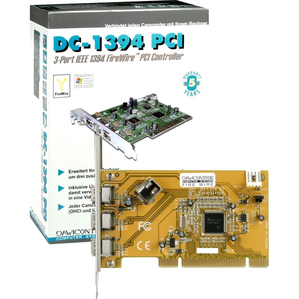 Dawicontrol DC-1394 PCI FireWire Controller tarjeta y adaptador de interfaz Controlador PCI TI 43AB23 100 Mbit/s PC Alámbrico Windows 2003/Vista/2000/XP Minorista