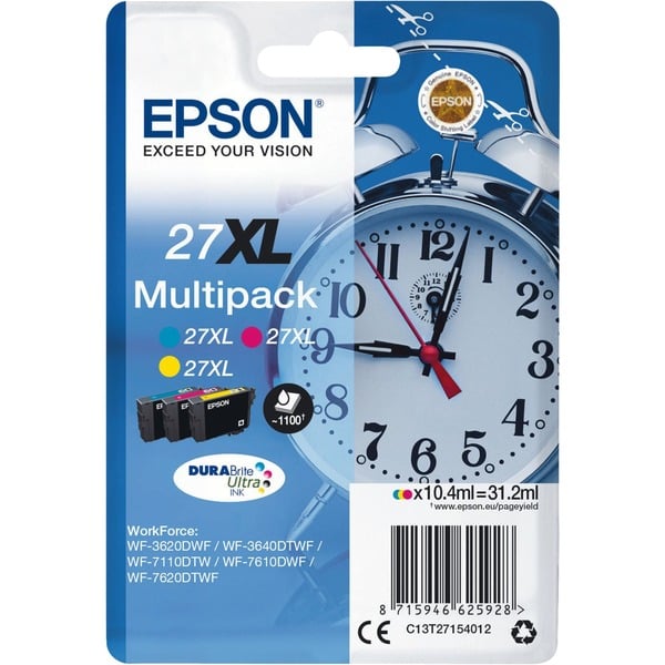 Epson Alarm clock Multipack 3-colour 27XL DURABrite Ultra Ink Tinta Alto rendimiento (XL) Tinta a base de pigmentos 10,4 ml 1100 páginas 1 pieza(s) Multipack