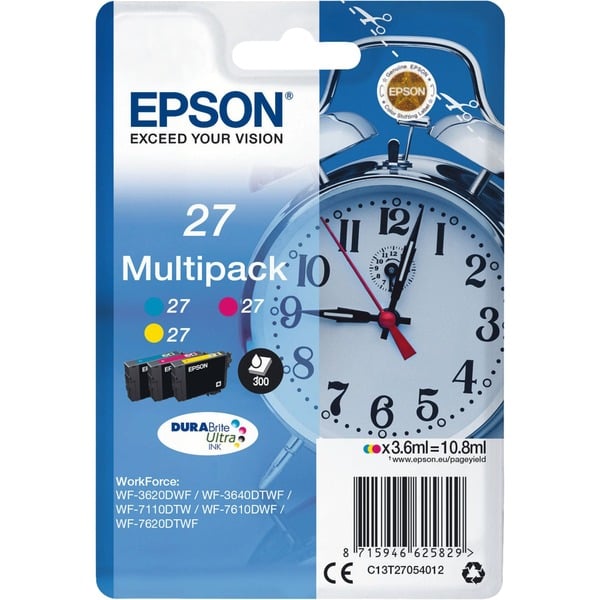 Epson Alarm clock Multipack 3-colour 27 DURABrite Ultra Ink Tinta Rendimiento estándar Tinta a base de pigmentos 3,6 ml 300 páginas 1 pieza(s) Multipack