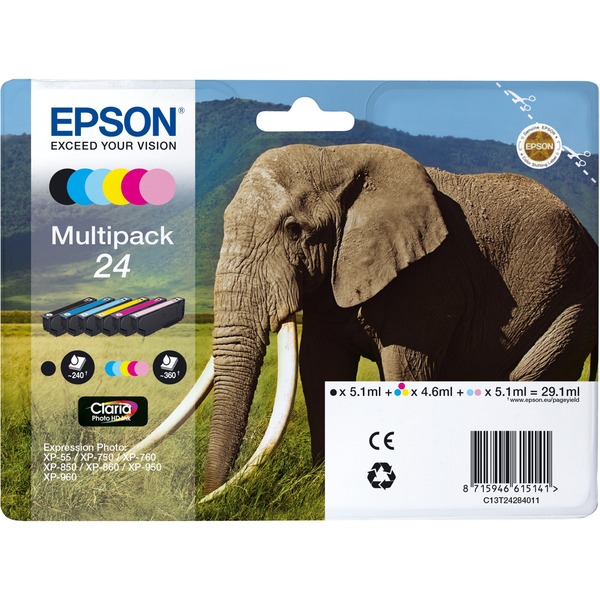 Epson Elephant Multipack 6-colours 24 Claria Photo HD Ink Tinta Rendimiento estándar 5,1 ml 4,6 ml 6 pieza(s) Multipack