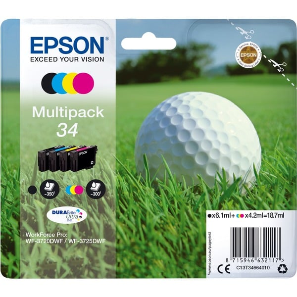 Epson Golf ball Multipack 4-colours 34 DURABrite Ultra Ink Tinta Rendimiento estándar Tinta a base de pigmentos 6,1 ml 4,2 ml 1 pieza(s) Multipack